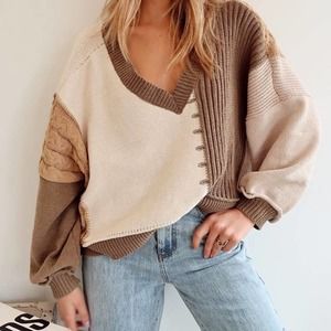 12th Tribe Women's V-Neck Sweater - Brown and Cream